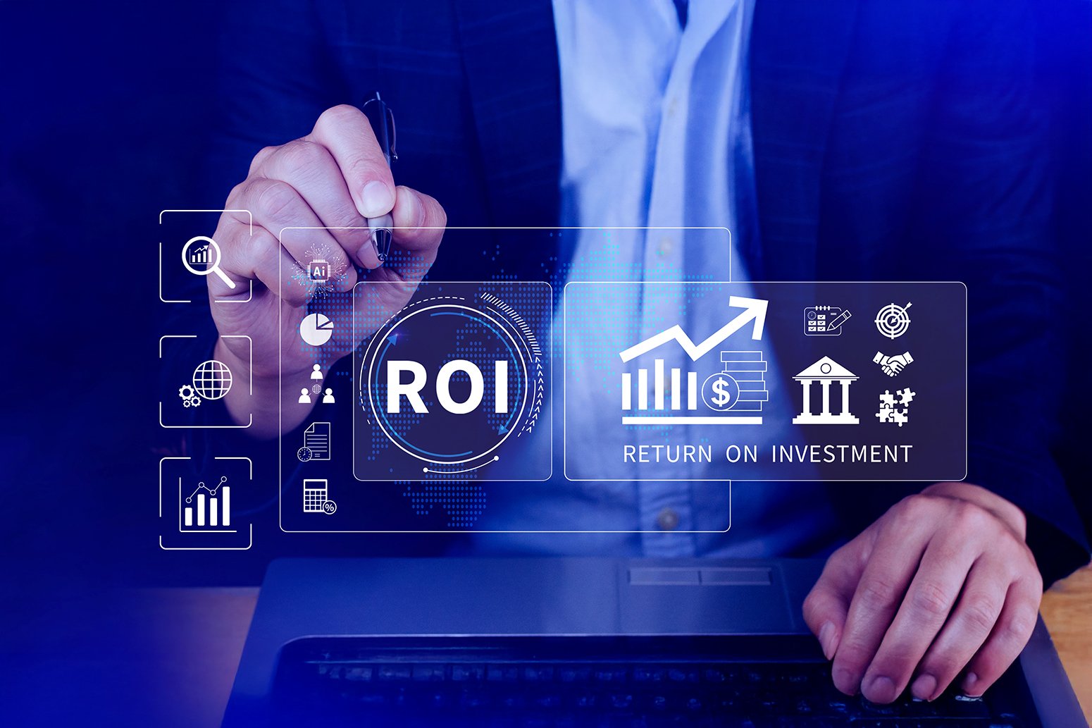 Business professional using digital technology to analyse ROI and business growth for Singapore SMEs.